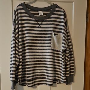 By Together Charcoal and Cream Striped Top Medium (Fits Like A Large)